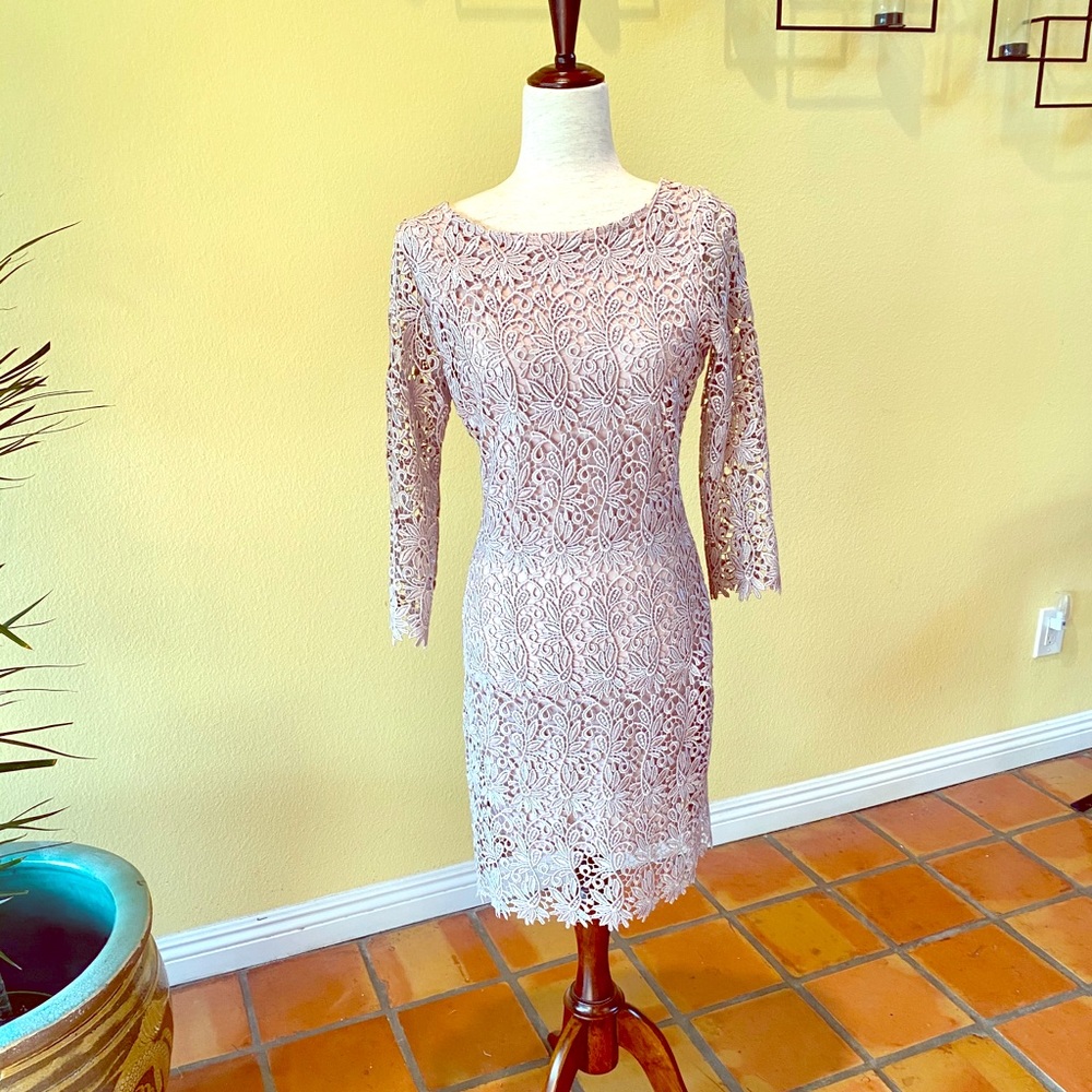 American made, nude-color long sleeve lace dress
